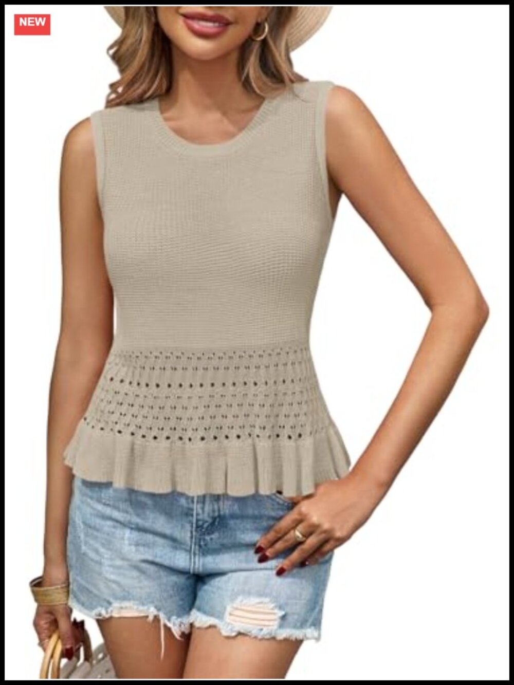 Crochet Knit Tank Top Sweater Vest Ruffle Hem Sleeveless Layering Piece